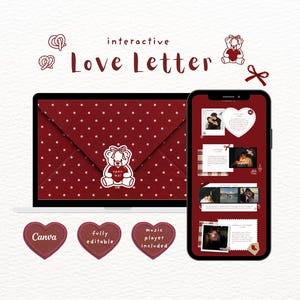 May include: An interactive digital love letter template displayed on a laptop and smartphone screen. The design features a dark red envelope with white polka dots, a teddy bear holding a heart, and various photo frames with text.