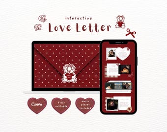 May include: An interactive digital love letter template displayed on a laptop and smartphone screen. The design features a dark red envelope with white polka dots, a teddy bear holding a heart, and various photo frames with text.