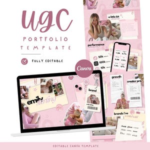 Peut inclure: Un modèle de portfolio UGC numérique pour Canva avec une esthétique rose. La mise en page comprend des sections pour les analyses de performance, les collaborations de marque et des présentations avec le texte 'ugc portfolio template' et 'fully editable'.