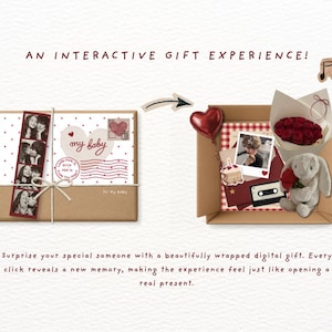 May include: A brown cardboard gift box with a white polka dot wrap, a photo strip, and text reading AN INTERACTIVE GIFT EXPERIENCE! and my baby. The open box reveals a red heart balloon, a bouquet of red roses, a plush rabbit, and a cassette tape.
