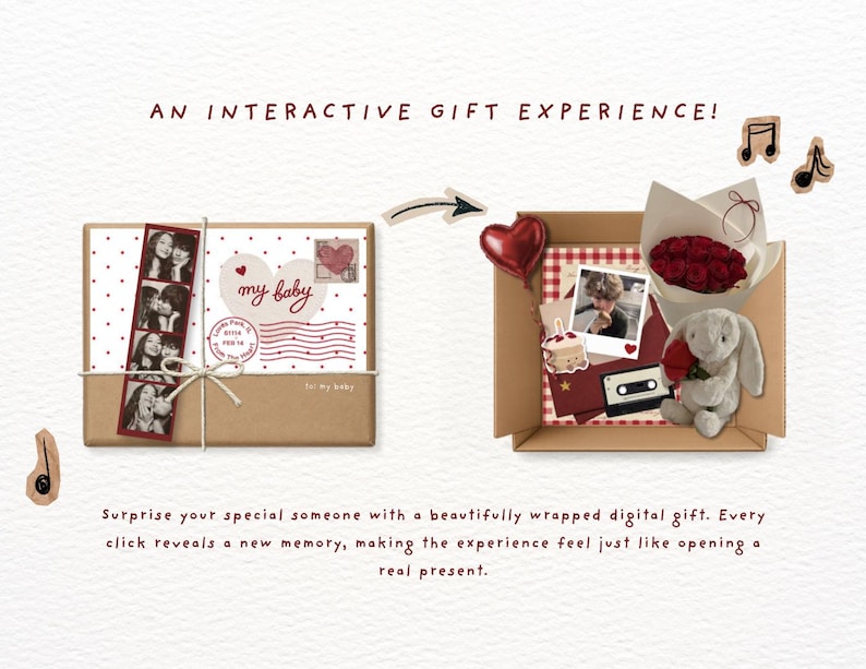 May include: A brown cardboard gift box with a white polka dot wrap, a photo strip, and text reading AN INTERACTIVE GIFT EXPERIENCE! and my baby. The open box reveals a red heart balloon, a bouquet of red roses, a plush rabbit, and a cassette tape.
