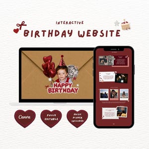 May include: An interactive birthday website template displayed on a laptop and smartphone screen. The design features a brown envelope background, a child in a party hat, red heart balloons, and the text "INTERACTIVE BIRTHDAY WEBSITE".