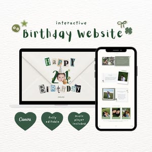 Puede incluir: Una plantilla de sitio web de cumpleaños interactivo mostrada en una pantalla de portátil y smartphone. El diseño presenta texto verde, un gráfico de sobre digital con una foto de una persona con gorro de fiesta y diseños de collage de fotos. Tres iconos de corazón verde muestran el texto Canva, fully editable y music player included.