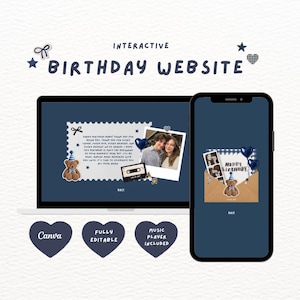 Könnte beinhalten: Eine interaktive Geburtstag-Website-Vorlage auf einem Laptop- und Smartphone-Bildschirm. Das Design zeigt einen dunkelblauen Hintergrund, einen Teddybären mit Partyhut, eine Kassette, ein Foto von zwei Personen und den Text INTERACTIVE BIRTHDAY WEBSITE.