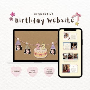 Könnte beinhalten: Eine interaktive Geburtstag-Website-Vorlage auf einem Laptop und Smartphone. Der Bildschirm zeigt einen braunen Hintergrund mit einer Fotokette, Partyhüten und einer Torte mit der Zahl 23. Enthält Text: interactive Birthday website, Canva, fully editable, music player included.