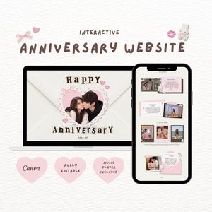 May include: An interactive anniversary website template displayed on a laptop and smartphone screen. The design features a pink heart-shaped frame with a couple's photo, the text "Happy Anniversary," and "Interactive Anniversary Website."