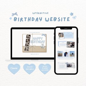 Op de afbeelding: Een interactieve verjaardagswebsite-sjabloon weergegeven op een laptop- en smartphonescherm. Het ontwerp bevat een lichtblauw kleurenpalet, een cadeau-doosafbeelding met een fotostrip en de tekst INTERACTIVE BIRTHDAY WEBSITE.