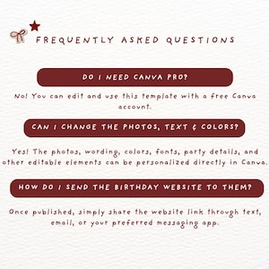 May include: A digital template information graphic titled FREQUENTLY ASKED QUESTIONS with a small bow and star icon. It contains three dark red rounded bars with white text asking about Canva Pro, editing photos and text, and sharing the website link.