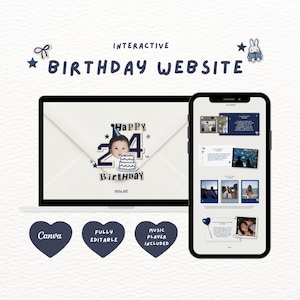 Peut inclure: Un modèle de site web d'anniversaire interactif affiché sur un écran d'ordinateur portable et de smartphone. Le design présente du texte bleu marine, une photo de bébé, une illustration de gâteau et des cadres photo. Trois cœurs bleu marine indiquent Canva, Fully Editable et Music Player Included.