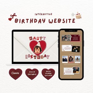 May include: An interactive birthday website template featuring a laptop and smartphone display. The screen shows a red heart graphic with a child in a party hat, the text "HAPPY BIRTHDAY," and photo collage layouts. Includes Canva, editable, and music player icons.