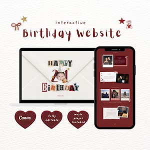 May include: An interactive birthday website template displayed on a laptop and smartphone. The laptop screen shows an envelope graphic with the text Happy 21st Birthday. The smartphone screen displays a dark red layout with photo frames and text.