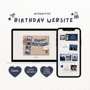 May include: An interactive birthday website template displayed on a laptop and smartphone screen. The design features a brown gift box graphic with blue text reading HAPPY BIRTHDAY, teddy bear icons, and photo strips. Three dark blue heart icons display the text Canva, FULLY EDITABLE, and MUSIC PLAYER INCLUDED.