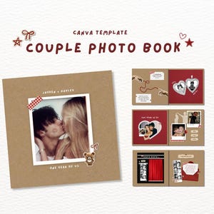 Op de afbeelding: Een Canva-sjabloon voor een fotoboek voor koppels met een bruine kaft, een centrale vierkante foto van een koppel, rode accenten en de tekst "JAYDEN + HAYLEY" en "ONE YEAR OF US". Bevat lay-outs voor binnenpagina's met rode en bruine achtergronden.