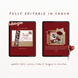 May include: Two digital tablet screens displaying editable templates with a dark red background. The left screen shows a gift box with a photo strip and text. The right screen shows an open box with a plush toy, photos, and a cassette tape.