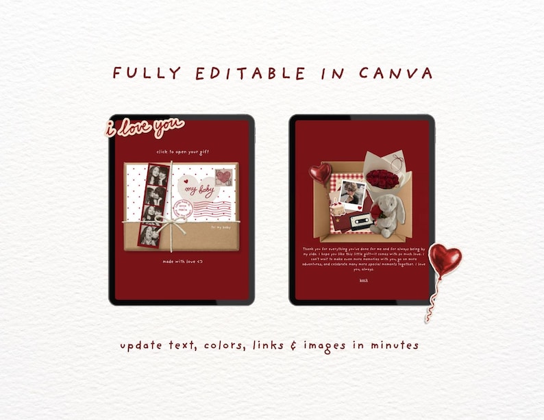 May include: Two digital tablet screens displaying editable templates with a dark red background. The left screen shows a gift box with a photo strip and text. The right screen shows an open box with a plush toy, photos, and a cassette tape.