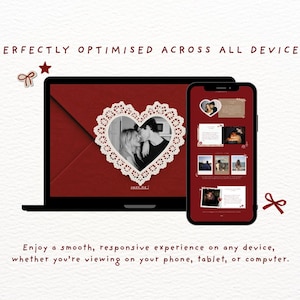 May include: A laptop and a smartphone displaying a website with a red background, a heart-shaped lace frame containing a photo of a couple, and text that reads PERFECTLY OPTIMISED ACROSS ALL DEVICES and open me. Small red bow icons are scattered around.