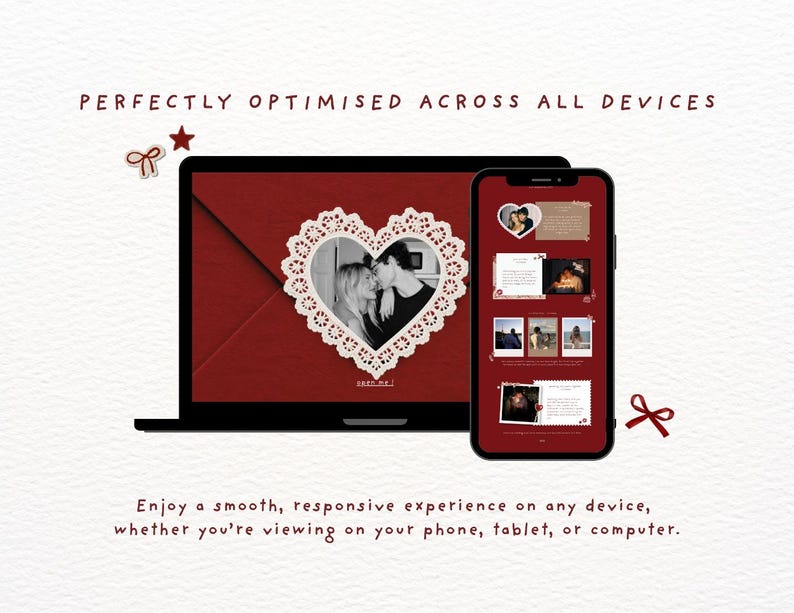 May include: A laptop and a smartphone displaying a website with a red background, a heart-shaped lace frame containing a photo of a couple, and text that reads PERFECTLY OPTIMISED ACROSS ALL DEVICES and open me. Small red bow icons are scattered around.