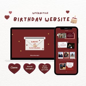 May include: An interactive birthday website template displayed on a laptop and smartphone screen. The design features a deep red background with gold stars, a white envelope graphic, and photo frames. Text includes "INTERACTIVE BIRTHDAY WEBSITE", "happy birthday", "OPEN YOUR MAIL!", "Canva", "FULLY EDITABLE", and "MUSIC PLAYER INCLUDED".