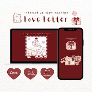 May include: An interactive claw machine digital template titled Love Letter displayed on a laptop and smartphone screen. The design features dark red backgrounds, cute cat illustrations, gift boxes, and text elements that are fully editable in Canva.