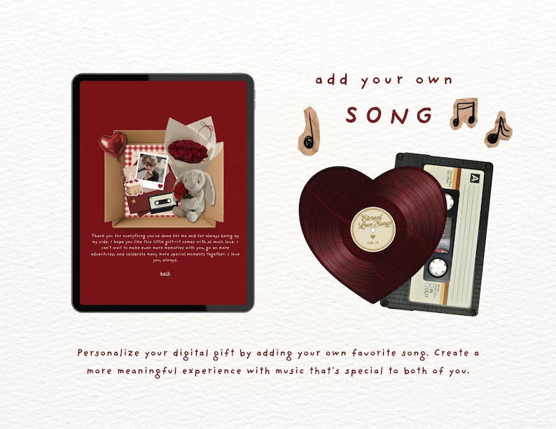 May include: A digital tablet displaying a gift box with a photo, flowers, and a plush toy, alongside a heart-shaped vinyl record and a cassette tape. Text includes "add your own SONG" and "Personalize your digital gift by adding your own favorite song. Create a more meaningful experience with music that's special to both of you."