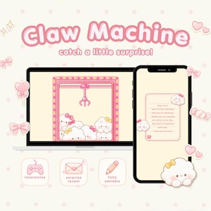 Puede incluir: Un portátil y un smartphone muestran un juego digital de máquina de garras con detalles en rosa, personajes de nubes y lazos. La pantalla muestra el texto Claw Machine, catch a little surprise, y una nota. Se incluyen iconos de interactive, surprise reveal y fully editable.