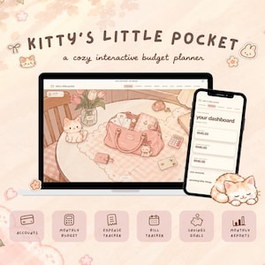 May include: A digital budget planner titled Kitty's Little Pocket displayed on a laptop and smartphone screen. The interface features soft pink tones, cat illustrations, and icons for accounts, monthly budget, expense tracker, bill tracker, savings goals, and monthly reports.