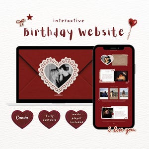 Può includere: Un modello di sito web di compleanno interattivo visualizzato su uno schermo di laptop e smartphone. Il design presenta una combinazione di colori rosso intenso, cornici per foto a forma di cuore con bordi in pizzo e testo, incluso "i love you".