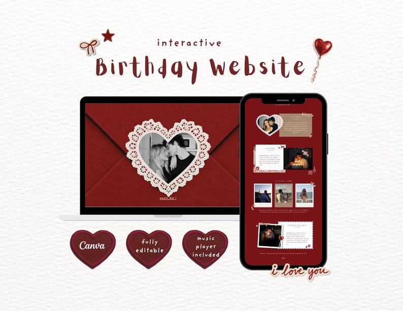 May include: An interactive birthday website template displayed on a laptop and smartphone screen. The design features a deep red color scheme, heart-shaped photo frames with lace borders, and text including "interactive Birthday website" and "i love you".