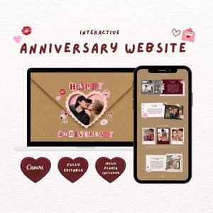 Op de afbeelding: Een interactieve jubileumwebsite-sjabloon weergegeven op een laptop- en smartphonescherm. Het ontwerp bevat een bruine envelopachtergrond, een hartvormige fotolijst met een koppel en de roze tekst HAPPY ANNIVERSARY.