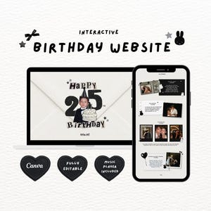 Puede incluir: Una plantilla de sitio web de cumpleaños interactivo mostrada en una pantalla de portátil y teléfono inteligente. El diseño presenta el texto "INTERACTIVE BIRTHDAY WEBSITE" y "HAPPY 25TH BIRTHDAY" con una foto de una persona con gorro de fiesta.