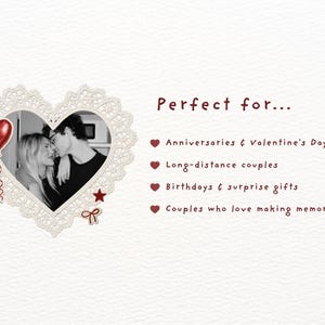 May include: A heart-shaped frame with a cream-colored lace border containing a black and white photograph of a couple. A red balloon, a red star, and a red bow are attached to the frame. The text reads: Perfect for... Anniversaries & Valentine's Day, Long-distance couples, Birthdays & surprise gifts, Couples who love making memories.