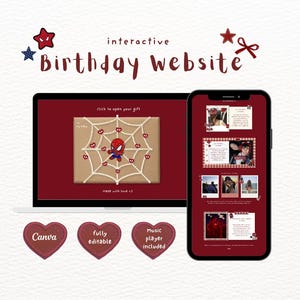 May include: An interactive birthday website template displayed on a laptop and smartphone screen. The design features a red theme with a spiderweb graphic, a cartoon superhero, and photo frames. Includes text labels for Canva, fully editable, and music player.