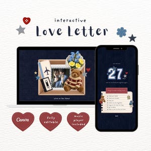 May include: An interactive digital love letter template displayed on a laptop and smartphone screen. The design features a cardboard box containing a photo, a teddy bear, flowers, a cassette tape, and a plane ticket, alongside a checklist and the text "interactive Love Letter", "Canva", "fully editable", and "music player included".