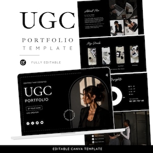 Peut inclure: Un modèle de portfolio UGC numérique avec un schéma de couleurs noir et blanc, affichant le texte UGC PORTFOLIO TEMPLATE, FULLY EDITABLE et EDITABLE CANVA TEMPLATE. La mise en page comprend des sections About Me, My Work et Insights.