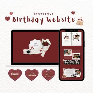 May include: An interactive birthday website template displayed on a laptop and smartphone screen. The design features a deep red background with illustrations of a camera, envelope, and bouquet. Includes text: interactive Birthday website, Canva, fully editable, music player included.