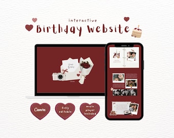 May include: An interactive birthday website template displayed on a laptop and smartphone screen. The design features a deep red background with illustrations of a camera, envelope, and bouquet. Includes text: interactive Birthday website, Canva, fully editable, music player included.