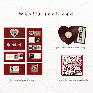 May include: A digital template set titled What's Included featuring six pre-designed pages with dark red backgrounds, photo frames, and text boxes. Includes a heart-shaped vinyl record, a cassette tape, and a square QR code for website preview.