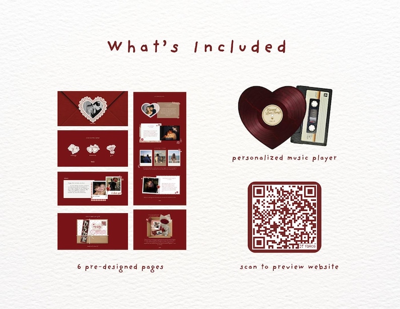 May include: A digital template set titled What's Included featuring six pre-designed pages with dark red backgrounds, photo frames, and text boxes. Includes a heart-shaped vinyl record, a cassette tape, and a square QR code for website preview.
