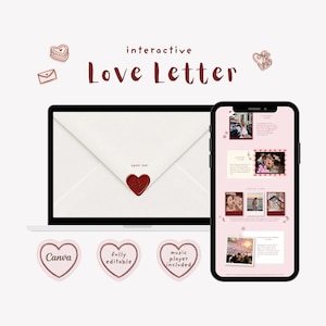 Puede incluir: Una plantilla digital de carta de amor interactiva mostrada en la pantalla de un portátil y un teléfono inteligente. El portátil muestra un sobre blanco con un sello de cera de corazón rojo y el texto open me. El teléfono muestra un diseño rosa.