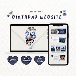 Puede incluir: Una plantilla de sitio web de cumpleaños interactivo mostrada en una pantalla de portátil y smartphone. El diseño presenta gráficos en azul y blanco, incluyendo un pastel de cumpleaños, estrellas y marcos de fotos. El texto incluye "INTERACTIVE BIRTHDAY WEBSITE", "HAPPY BIRTHDAY", "OPEN ME", "CANVA", "FULLY EDITABLE" y "MUSIC PLAYER INCLUDED".