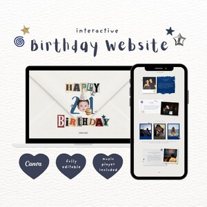 May include: An interactive birthday website template displayed on a laptop and smartphone screen. The design features the text 'interactive Birthday website', 'HAPPY 21 BIRTHDAY', and 'open me'. Three heart-shaped icons state 'Canva', 'fully editable', and 'music player included'.