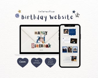 Interaktive Geburtstags-Website-Vorlage | Personalisiertes digitales Geschenk | Canva-Geburtstags-Website | Bearbeitbares Geschenk für Freund & Freundin