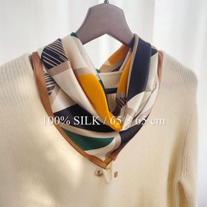 100% Silk Geometric Patchwork Scarf, 65cm Square Neck, Hair, Bag Accessory