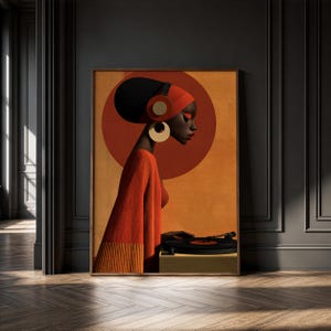 Könnte beinhalten: Ein gerahmter Wandkunstdruck mit einer Profilillustration einer dunkelhäutigen Person, die rote Kopfhörer und große goldene Creolen trägt. Die Person steht an einem Plattenspieler vor einem Hintergrund aus orangefarbenen und roten Kreisen.