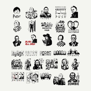 May include: A collection of black and white graphic decals featuring various horror movie characters, iconic villains, and pop culture references. The designs include text elements like Potter, Fantastic Four, Slay All Day, Friends, Thug Life, and Zombie.