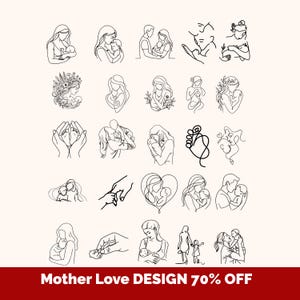 Puede incluir: Una colección de veinticuatro ilustraciones de línea negra que representan diversas escenas de padres e hijos, incluyendo abrazos y lactancia. La parte inferior de la imagen presenta el texto blanco Mother Love DESIGN 70% OFF.