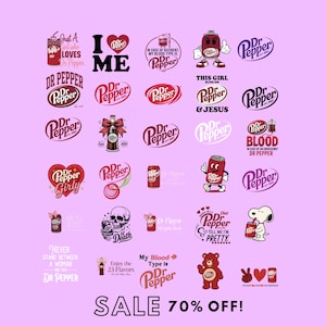 May include: A collection of Dr Pepper themed graphic designs on a light purple background, featuring various logos, soda cans, cartoon characters, skulls, bears, and text phrases like 'I Love Me', 'Dr Pepper Girly', and 'Sale 70% Off' in red and white.