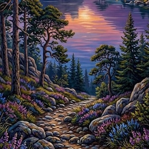 May include: A landscape painting depicting a stone path winding through a forest of pine trees and rocky terrain. The foreground features vibrant purple and blue wildflowers. In the background, a calm lake reflects a sunset with orange and purple hues.
