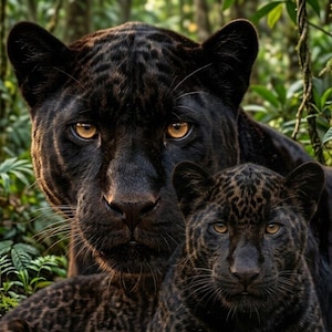 May include: A large black panther with amber eyes positioned behind a smaller black panther cub with similar amber eyes. Both animals have dark, patterned fur and are set against a background of dense green foliage and forest vegetation.