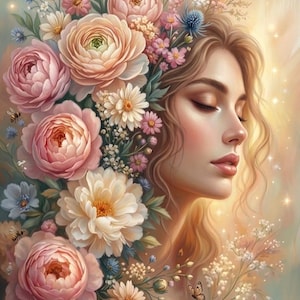 Puede incluir: Una ilustración digital de una persona de perfil con los ojos cerrados, rodeada por un exuberante arreglo de flores rosas, blancas y azules, incluyendo peonías y margaritas, acentuado con pequeñas abejas y mariposas volando en una luz suave.
